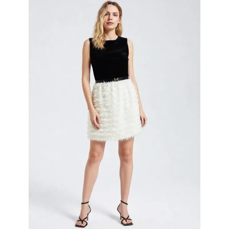 Black velvet two-tone dress with white textured skirt lined fur skirt | Dresses | BUSCARMODA