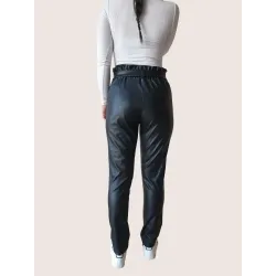 Black Ruched Faux Leather Trousers for Women back | TROUSERS | BUSCARMODA
