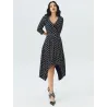 Black polka dot midi dress with wrap neckline, long adjustable sleeves and asymmetrical pointed hem
