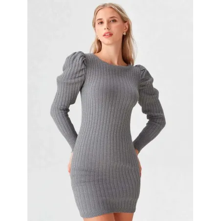 Grey ribbed knit dress with boat neckline and puff sleeves, elegant urban outfit