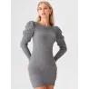Grey ribbed knit dress with boat neckline and puff sleeves, elegant urban outfit