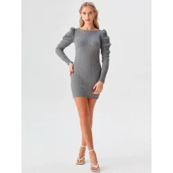 Grey Ribbed Knit Dress Woman combination with tights or leggings | SHORT DRESSES | BUSCARMODA