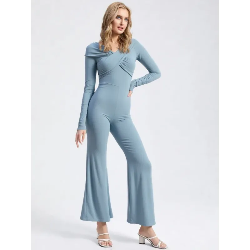 Draped elastic jumpsuit women with Bardot neckline, long sleeves and flared trousers for elegant events