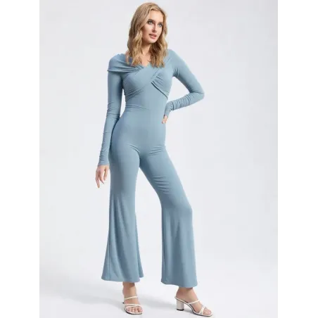 Draped elastic jumpsuit women with Bardot neckline, long sleeves and flared trousers for elegant events