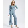 Draped elastic jumpsuit women with Bardot neckline, long sleeves and flared trousers for elegant events
