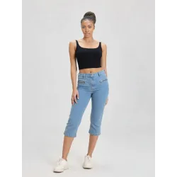 Pantalón pirata vaquero cremalleras azul tiro alto vista frontal | Pantalones mujer | Buscarmoda