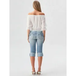 Pantalón capri vaquero mujer azul elástico vista espalda | Pantalones mujer | Buscarmoda