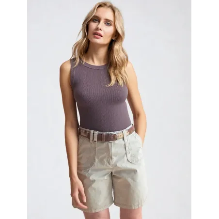 Beige Cotton Mid-Length Shorts  - 5