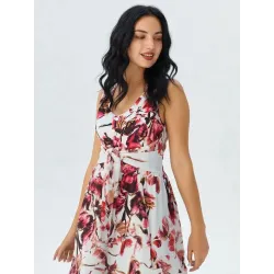 vestido largo floral cinturón con botones y bolsillos para mujer