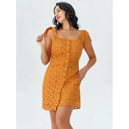 Vestido tirantes bordado mujer corto mostaza con botones delanteros y bordado perforado algodón verano