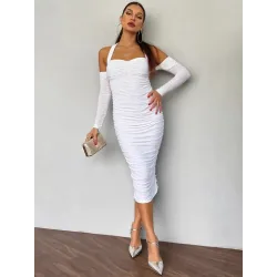 White midi draped dress with sweetheart neckline and open back