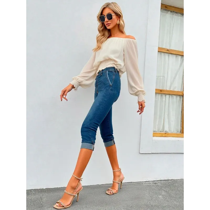 Jeans pirata algodón elástico azul mujer ajustados con bajo vuelto y bolsillos franceses laterales