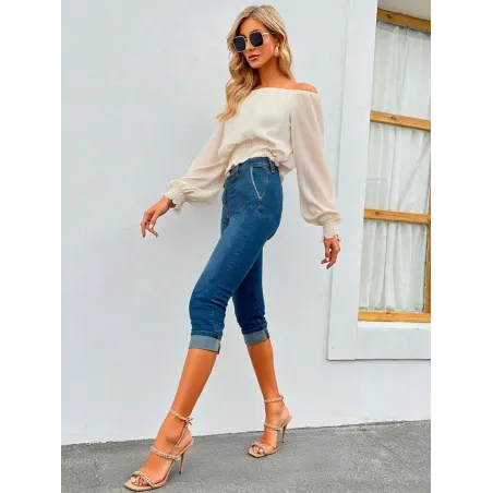 Jeans pirata algodón elástico azul mujer ajustados con bajo vuelto y bolsillos franceses laterales