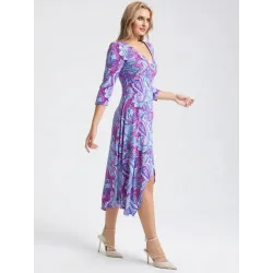 Paisley floral midi dress with V neck elbow sleeves and asymmetrical hem for summer wear
