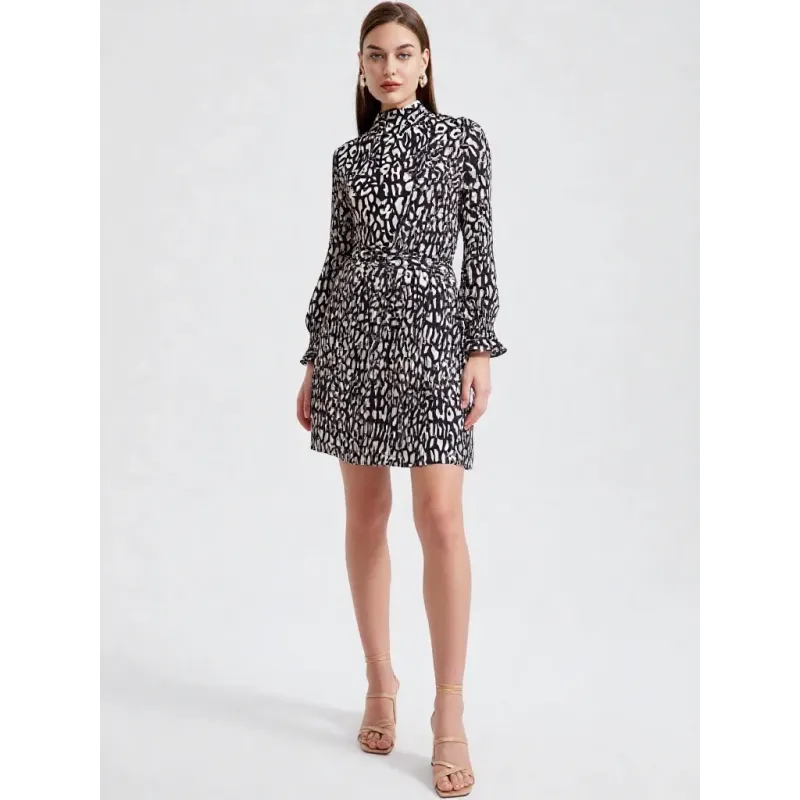 Vestido midi animal print manga larga con cuello fruncido y cintura elástica estilo fluido mujer