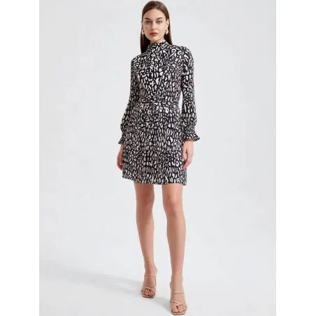 Vestido midi animal print manga larga con cuello fruncido y cintura elástica estilo fluido mujer