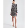 Vestido midi animal print manga larga con cuello fruncido y cintura elástica estilo fluido mujer