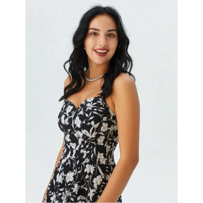 Floral bicolor short dress with thin straps and elastic back for women