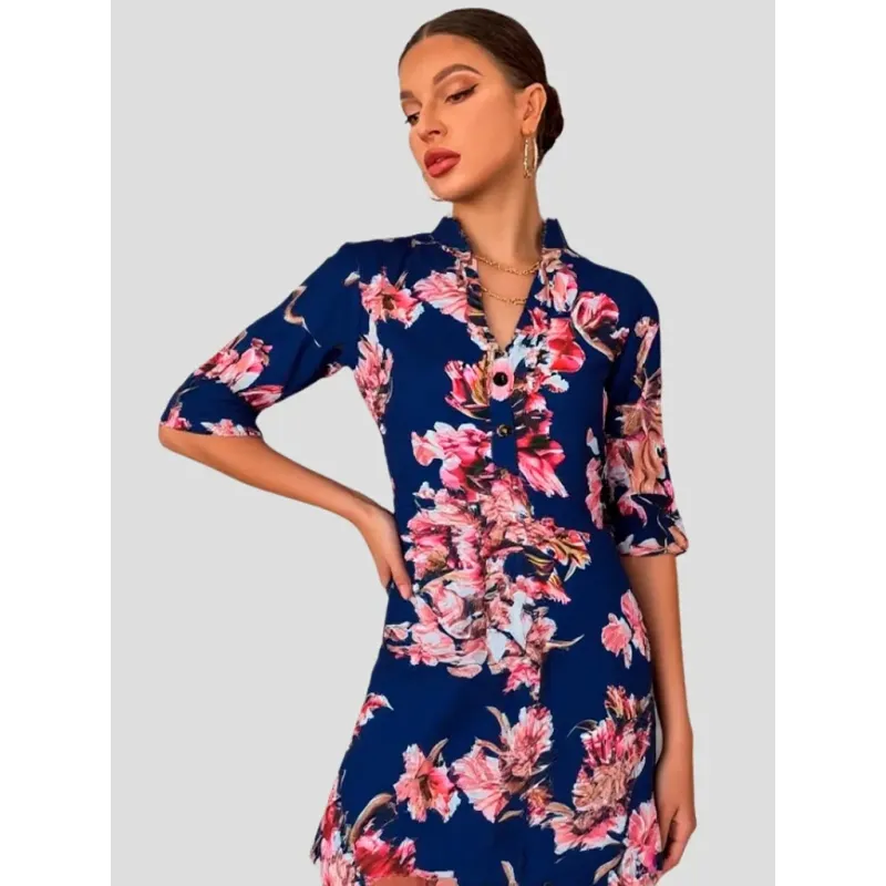 floral shirt collar dress short sleeve for women