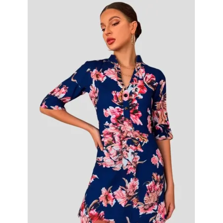 vestido floral cuello camisero manga corta mujer