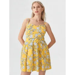 Yellow floral short dress with thin straps, elastic smocked back and flared skirt for women