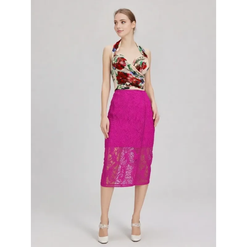 Fuchsia lace midi skirt Bohemian with lined design, back slit and delicate floral lace