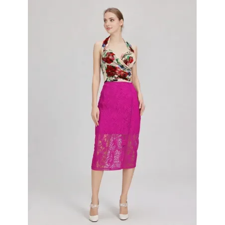 Falda fucsia encaje midi Bohemia con diseño calado, forro interior y abertura trasera elegante