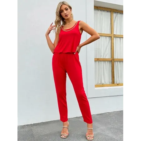 Long red jumpsuit women sleeveless with fluid fabric, gathered waist and side pockets for events
