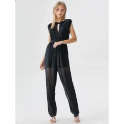 Black chiffon sleeveless jumpsuit women with V-neck and fluid elegant design