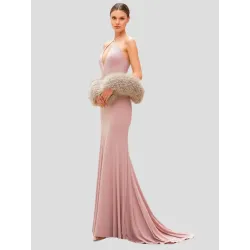 Vestido largo rosa halter elegante vista lateral | Vestidos largos | Buscarmoda