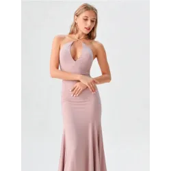 Vestido largo rosa halter elegante vista frontal | Vestidos largos | Buscarmoda