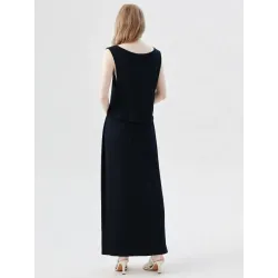 Vestido negro fluido largo superpuesto espalda escote redondo | Vestidos largos | Buscarmoda