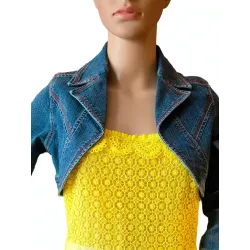 Short Blue Denim Bolero Fitted washed cotton fabric with distressing | JACKETS | BUSCARMODA