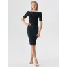 Vestido negro hombros descubiertos midi en tejido scuba con grabado terciopelo y corte entallado elegante