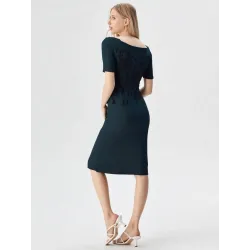 Vestido negro hombros descubiertos midi terciopelo vista lateral detalle tejido | Vestidos midi | Buscarmoda