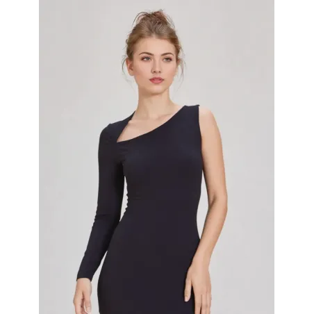 Black asymmetric long dress with diagonal neckline, single sleeve and fitted silhouette for elegant night events