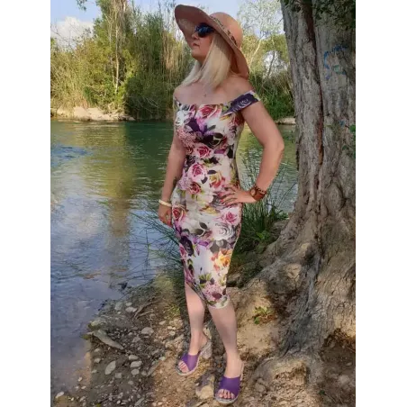 Vestido midi floral Bardot con escote hombros descubiertos, manga tipo brazalete y tejido elástico elegante