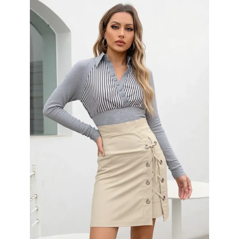Falda beige ajustada con cordones  - 1