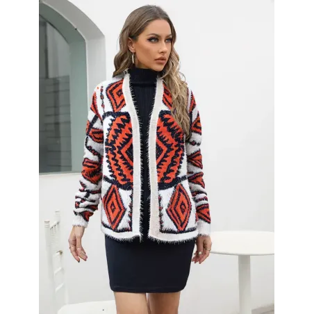 suéter geométrico multicolor de textura suave y hilos dorados, estilo bohemio elegante