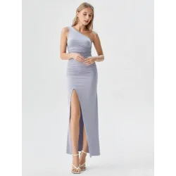 Long blue asymmetric dress elegant party leg opening | Civil Wedding Guest Dresses | BUSCARMODA