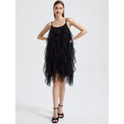 Vestido Volantes Gasa Elástica largo por arriba de la rodilla asimetrico   | VESTIDOS CORTOS | BUSCARMODA