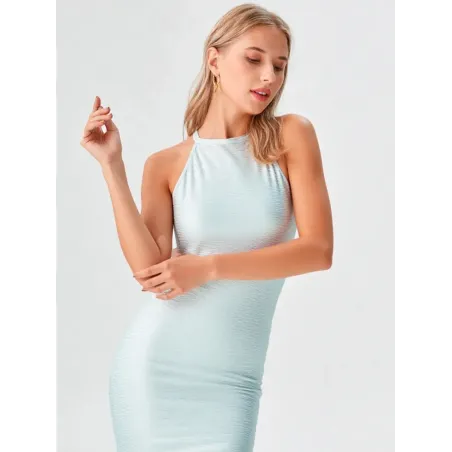 Silver shiny stretch dress with metallic reflections and sleeveless fitted cut
