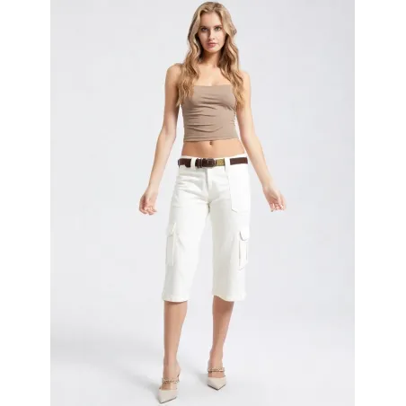 White linen cropped trousers with pockets and side slit