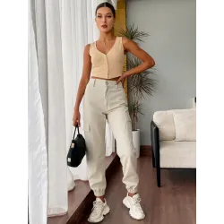 Beige Stretch Cargo Pants for women with side and cargo pockets, mid-rise waist, and comfortable stretch fabric