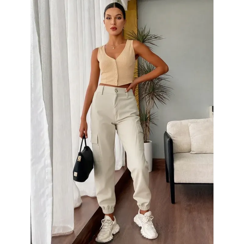 Beige Stretch Cargo Pants for women with side and cargo pockets, mid-rise waist, and comfortable stretch fabric