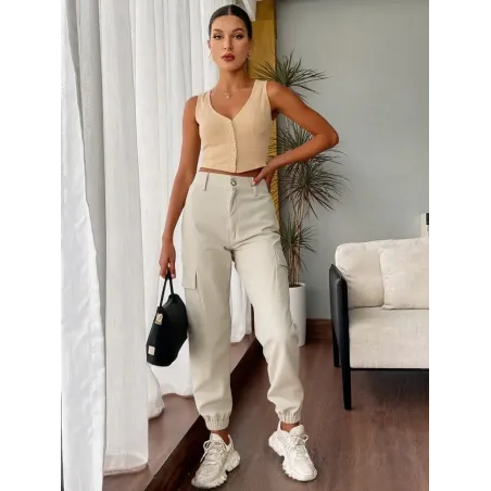 Beige Stretch Cargo Pants for women with side and cargo pockets, mid-rise waist, and comfortable stretch fabric