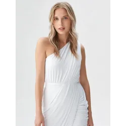 Elegant long white dress for women Greek-style neckline | Civil Wedding Guest Dresses | BUSCARMODA
