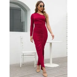 Vestido Rojo De Hombro Único largo a los tobillos   | VESTIDOS INVITADA BODA CIVIL | BUSCARMODA