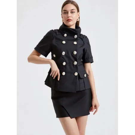 Short Cross Jacket Woman elegant satin light fabric with lapels, metallic buttons and modern hooded design