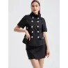 Short Cross Jacket Woman elegant satin light fabric with lapels, metallic buttons and modern hooded design